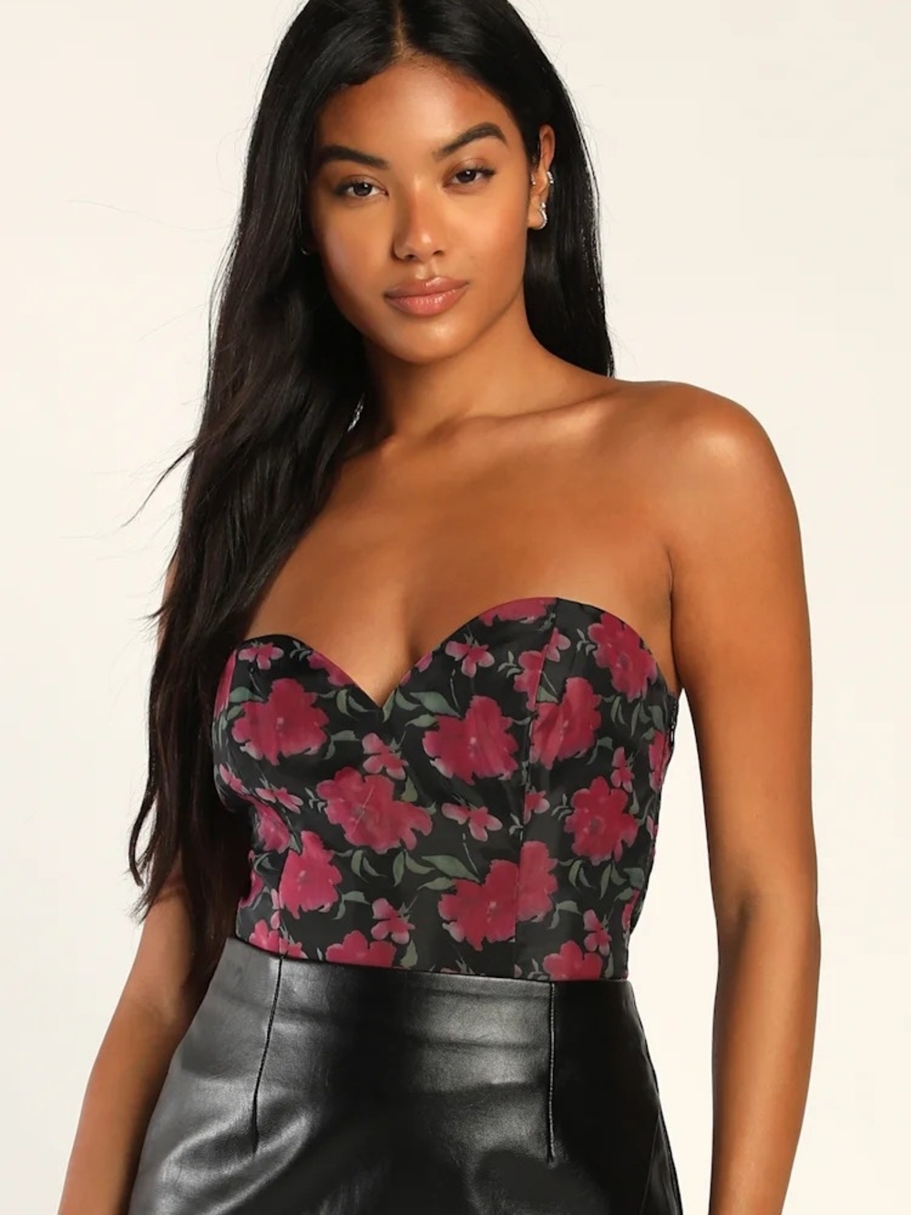 Lulu's Strapless Floral Bustier in Black and Berry Pink Body Suit SzS New